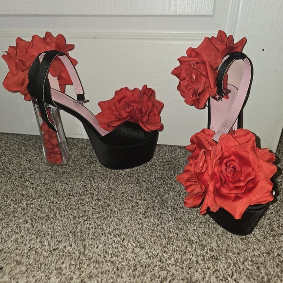 SUGAR THRILLZ by Dolls Kill TWO TO TANGO Red Flower Platform Heels SZ9 - Picture 2 of 9